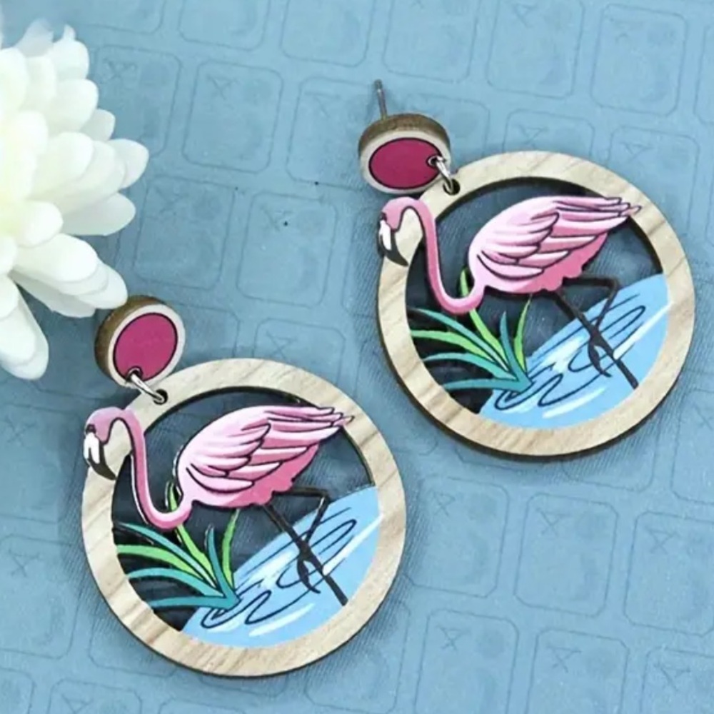Pink Flamingo Dangle Wooden Laser Cut Post Earrings - Picture 4 of 5